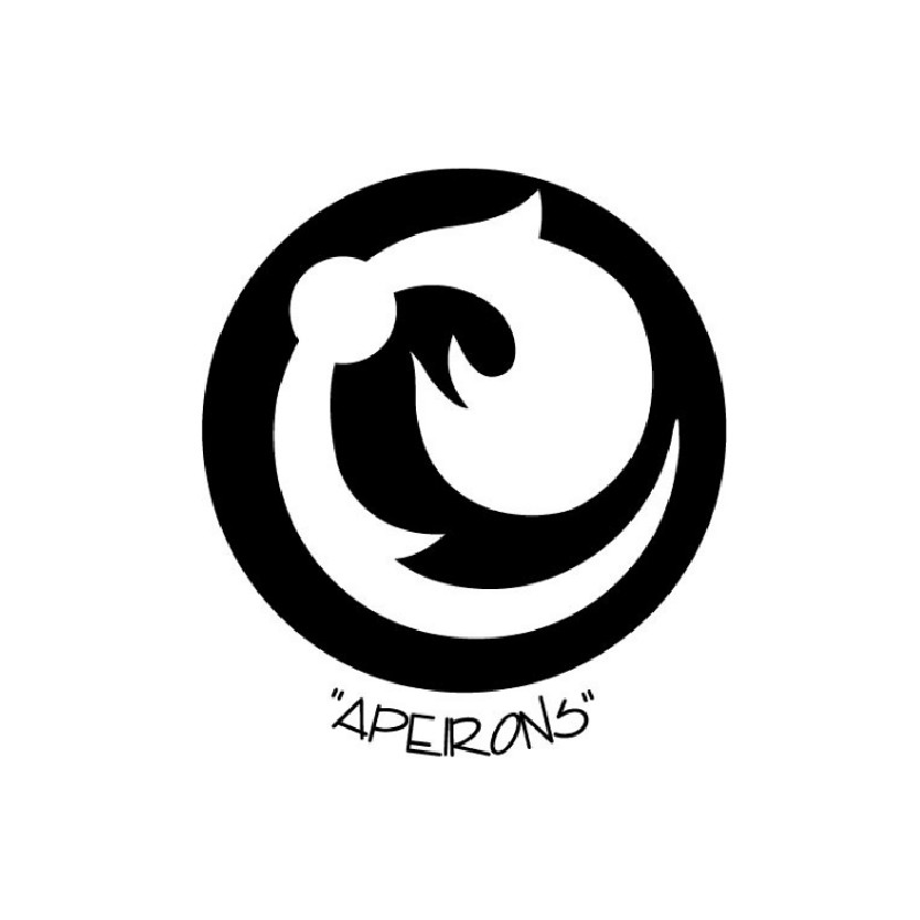 Melnbalts simbols cilvēkiem apskāvienā, ar uzrakstu"Apeirons" apakšā.