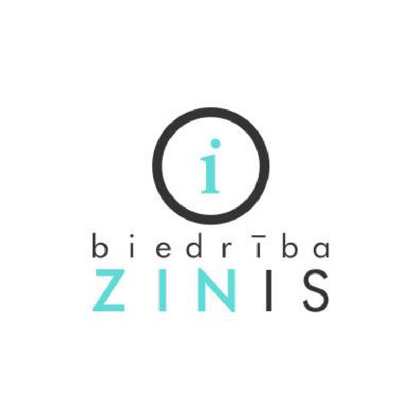 Biedrības"ZINIS" logotips – burts"i" aplī virs vārda"biedrība", zem tā vārds"ZINIS", kur"ZIN" ir izcelts gaiši zilā krāsā.