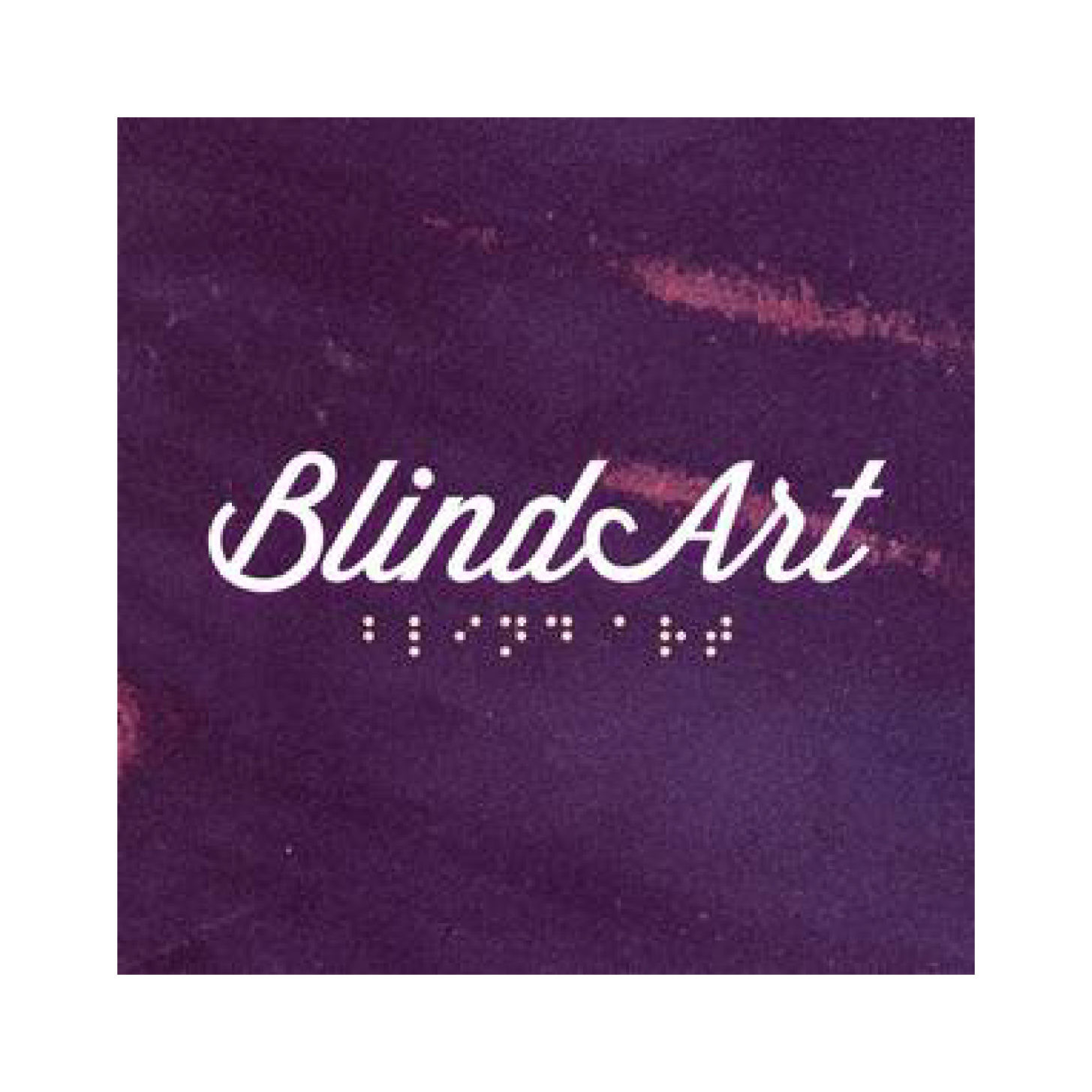 SIA BlindArt logotips ar baltu rokraksta uzrakstu un Braila rakstu uz violeta fona