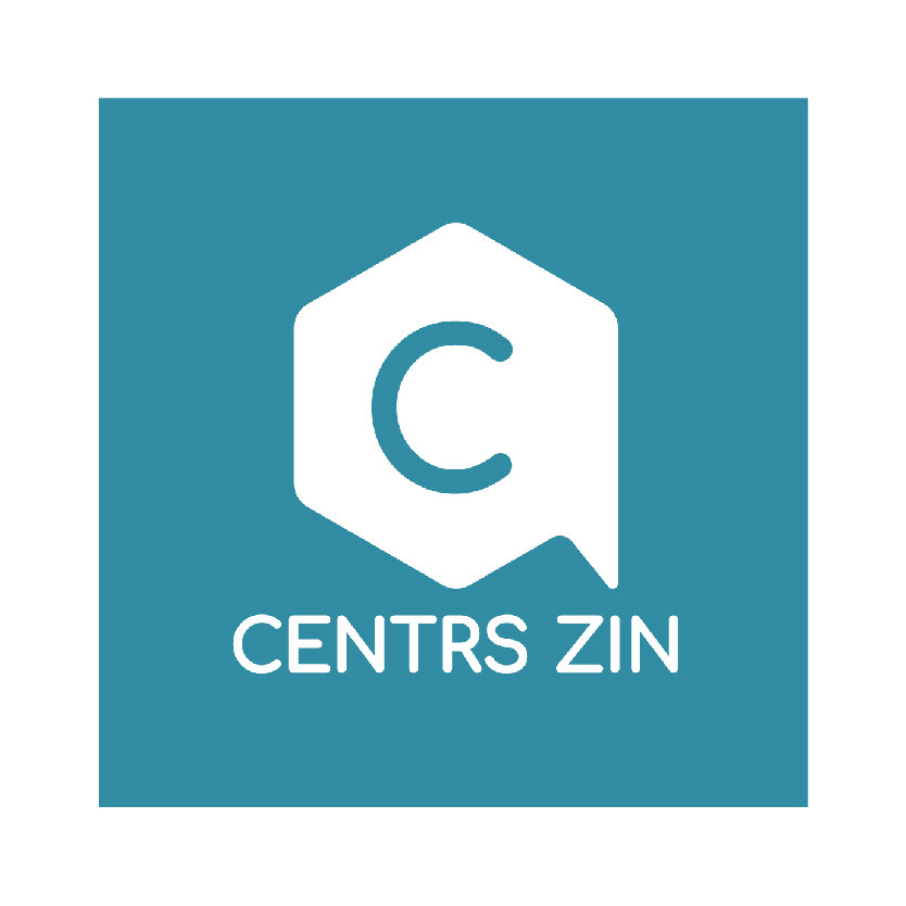 SIA"Centrs ZIN" logotips ar burtu"C" sešstūra formā, kas atgādina runas burbuli, uz zilganzaļa fona