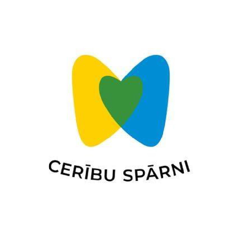 Dzelteni-zils sirds formas simbols un uzraksts"Cerību Spārni".