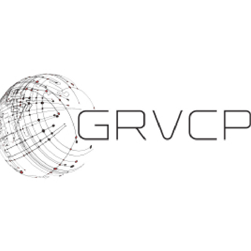 GRVCP logotips ar stilizētu globusu, veidotu no savienotām līnijām un punktiem, pa kreisi un uzņēmuma nosaukumu"GRVCP" pa labi.