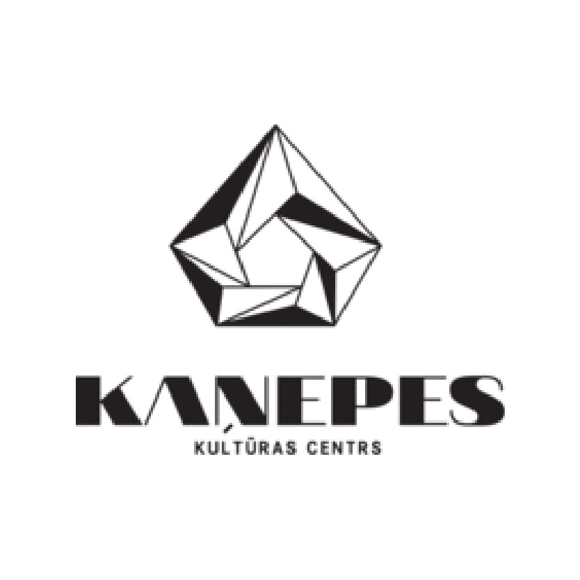 Melnbalts ģeometrisks simbols virs uzraksta"Kaņepes Kultūras centrs".
