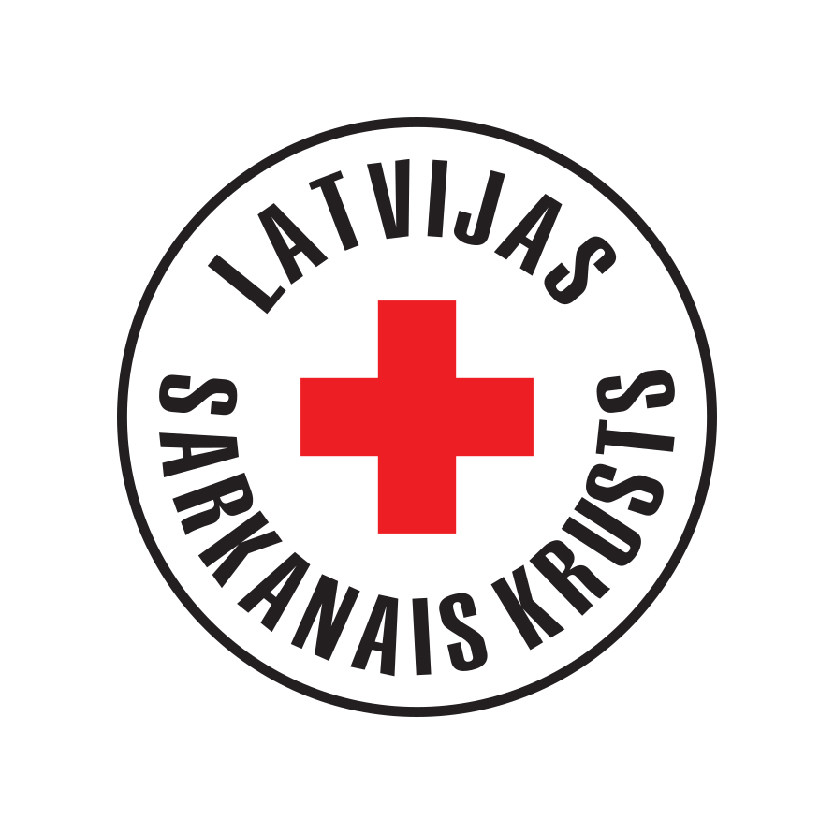 Sarkans krusts baltā aplī ar tekstu"Latvijas Sarkanais Krusts" melniem burtiem apkārt.