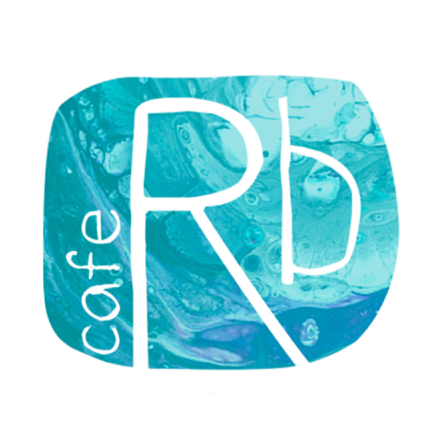 SIA"RB Cafe" logotips ar baltiem burtiem"RB" un"cafe" uz zili-tirkīzzila abstrakta fona