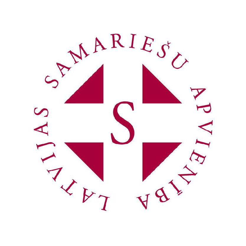 Bordo krāsas krustveida simbols ar burtu"S" centrā, apkārt uzraksts"Latvijas Samariešu apvienība".