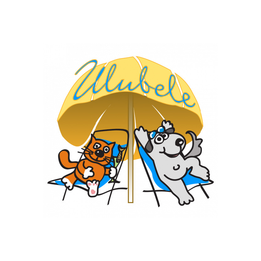 Organizācijas 'Ulubele' logotips – zem dzeltena saulessarga sēž suns un kaķis pludmales krēslos, uz saulessarga ir uzraksts 'Ulubele'.