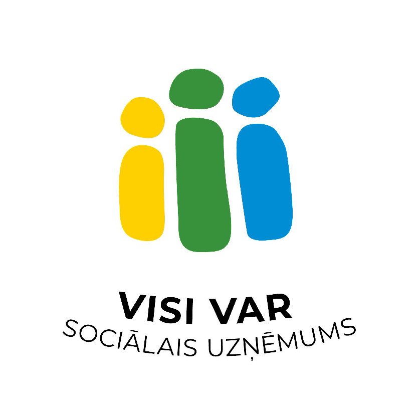 SIA"Visi Var" logotips ar trim stilizētām figūrām dzeltenā, zaļā un zilā krāsā un uzrakstu"Sociālais uzņēmums"