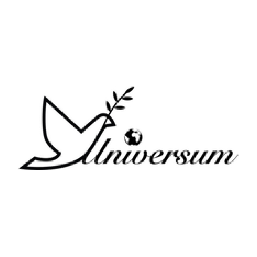 Universum logotips ar zīmējumu balodim, kas nes olīvu zaru, un zemeslodi kā daļu no teksta