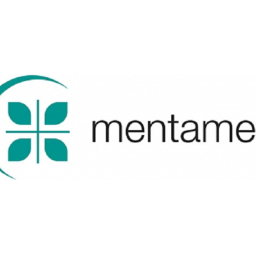 Zaļš stilizēts simbols un melns uzraksts"mentame" uz balta fona