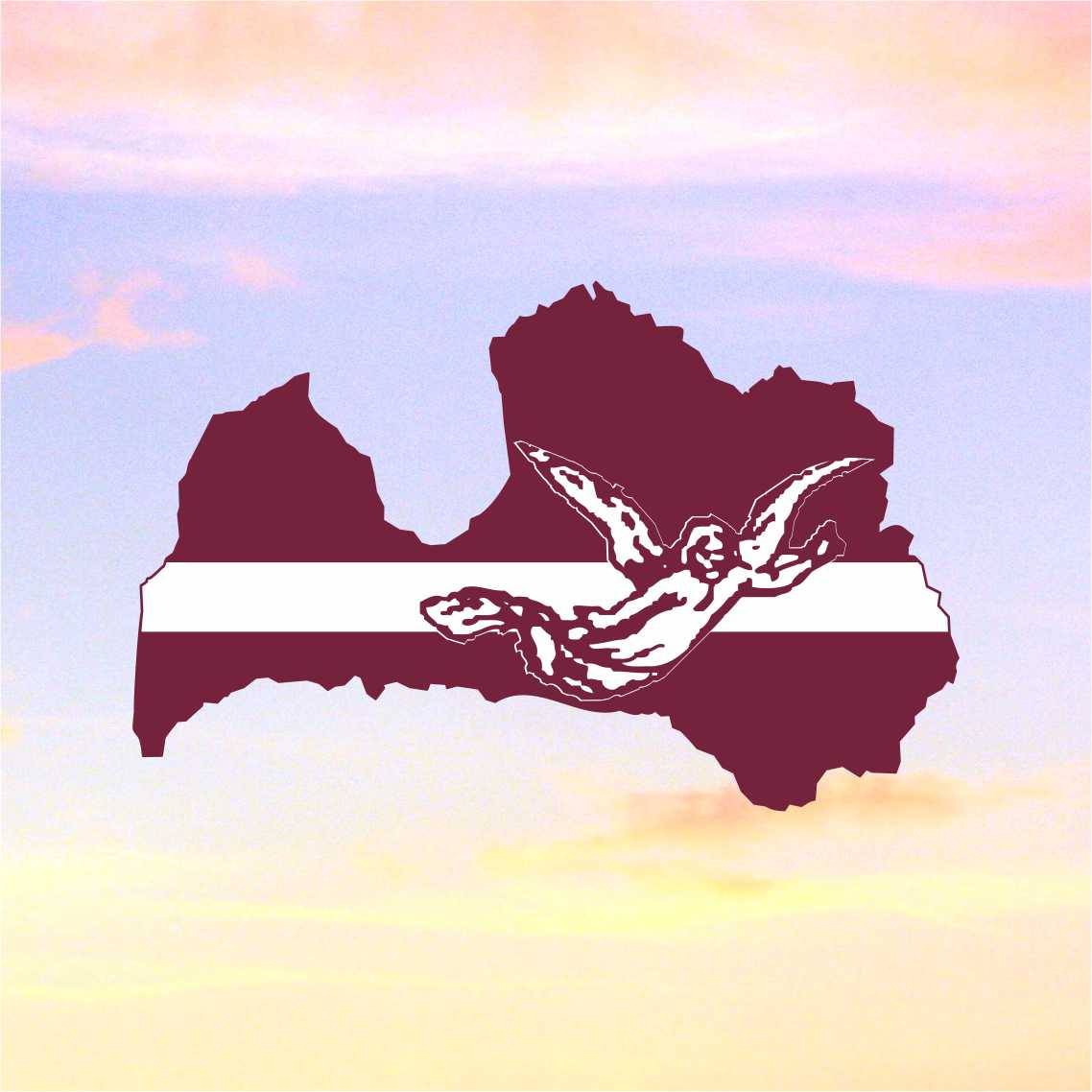 Latvija sarkanbaltsarkanā karoga krāsās ar divām rokām, kas sniedzas viena otrai pretī uz saulrieta fona.