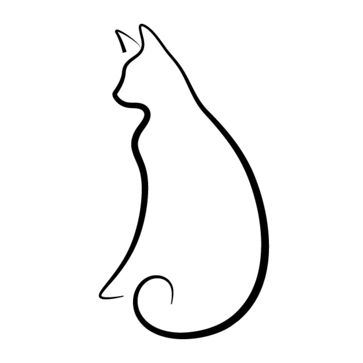 Cat care community logo.Vienkāršs melns kaķa kontūrzīmējums uz balta fona, sēdošs profils.