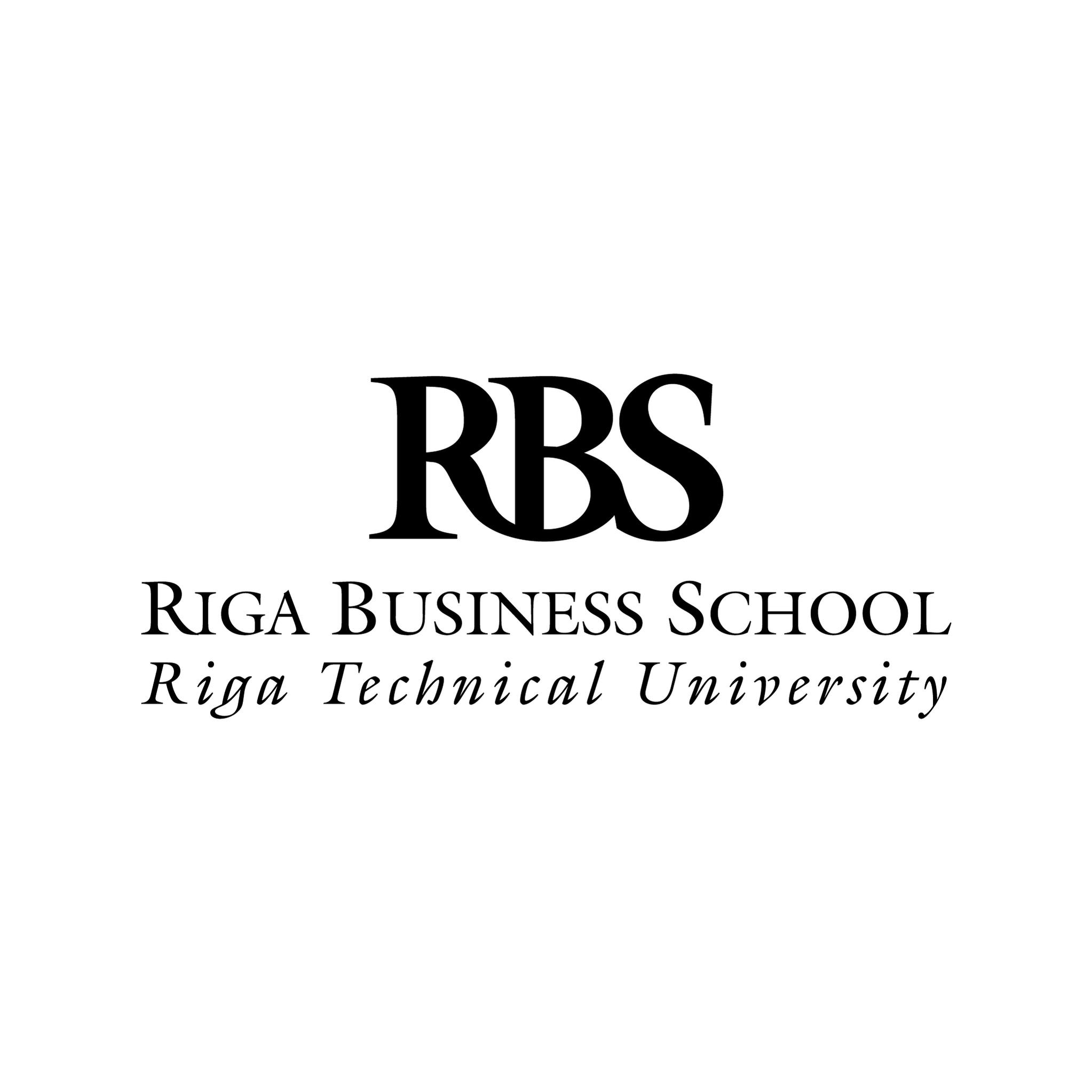 Melns uzraksts"RBS – Riga Business School, Riga Technical University" uz balta fona.