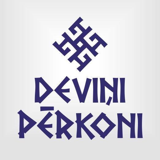 Violets raksts un uzraksts"Deviņi Pērkoni" uz gaiša fona.