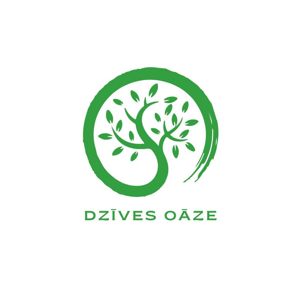 Zaļš simbols ar stilizētu koku aplī un uzraksts"Dzīves Oāze".
