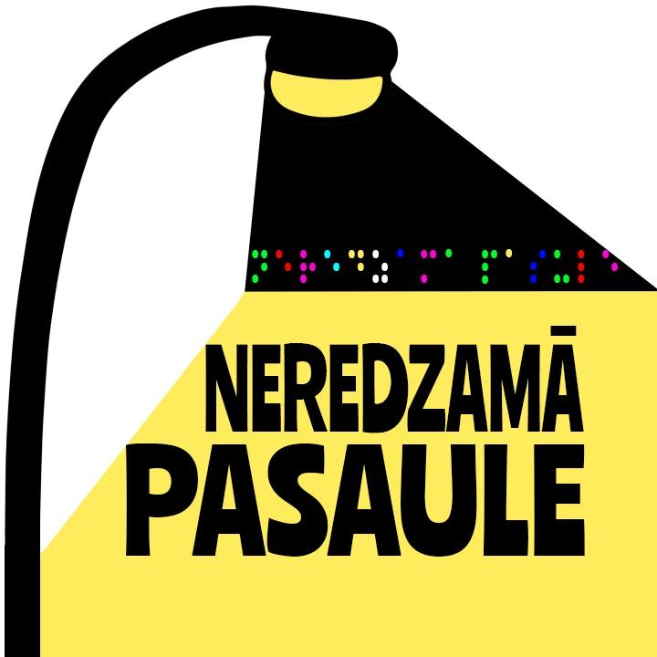 Stilizēta lampa apgaismo uzrakstu"Neredzamā Pasaule" ar Braila rakstu augšpusē.
