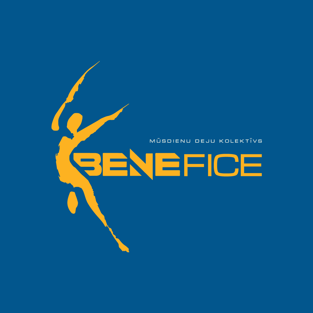 IA"Benefit" logotips ar dzeltenu dejotāja siluetu un uzrakstu"Mūsdienu deju kolektīvs BENEFICE" uz zila fona