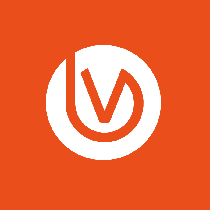 Biznes vēstniecības logo.Oranžs fons ar baltu apli un stilizētu burtu"V" centrā.