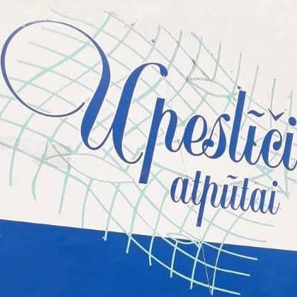 SIA"Upesliči atpūtai" logotips ar dekoratīvu rakstu un kaligrāfisku uzrakstu uz balta un zilgana fona