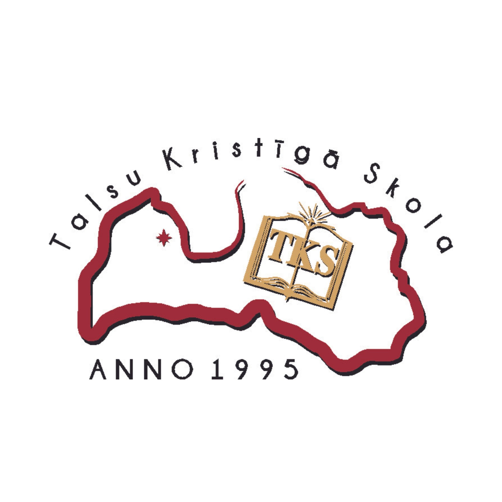 SIA"Talsu Kristīgā skola" logotips ar Latvijas kontūru, zelta grāmatu ar burtiem TKS un tekstu"ANNO 1995"