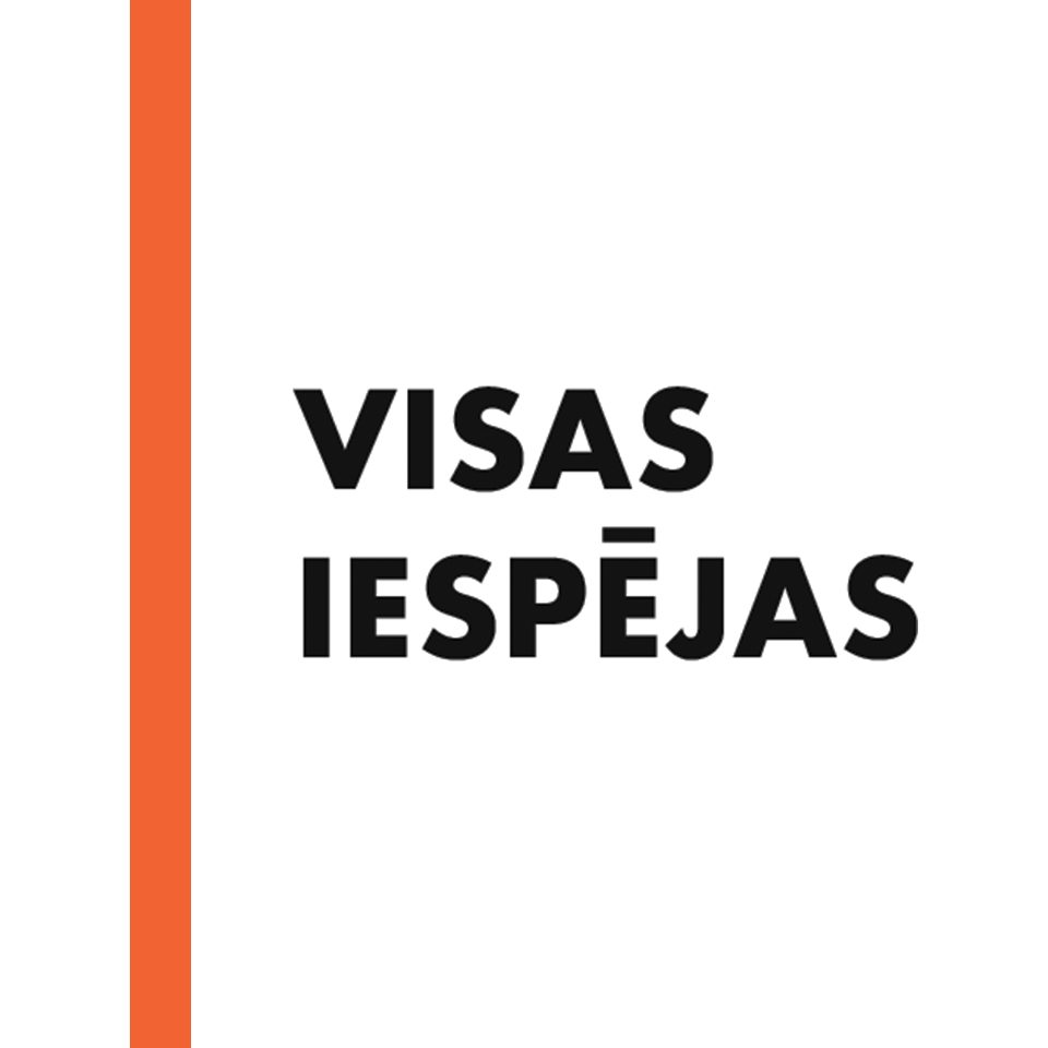 SIA Visas Iespējas logotips ar melnu uzrakstu 'Visas Iespējas' uz balta fona un vertikālu oranžu svītru logotipa kreisajā pusē.