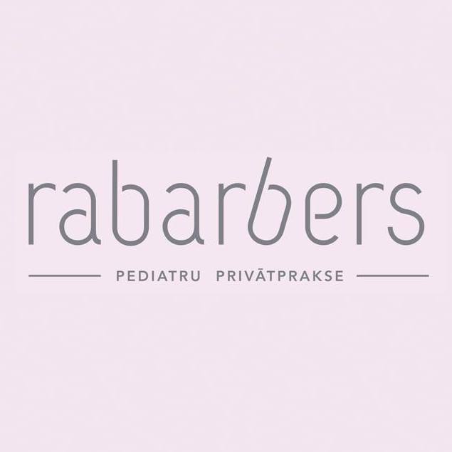 SIA"Rabarbers" logotips ar pelēku uzrakstu un tekstu"Pediatru privātprakse" uz gaiši rozā fona