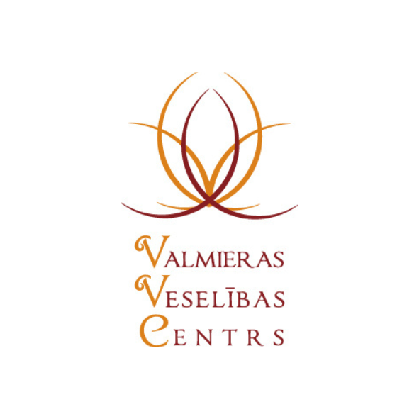 SIA"Valmieras veselības centrs" logotips ar stilizētu zieda motīvu un iniciāļiem VVC uz balta fona