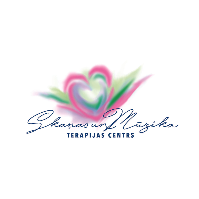 Terapijas centra"Skaņas un mūzika" logotips, kurā attēlots stilizēts sirds simbols ar akvareļveida triepieniem rozā, zaļā un zilā krāsā. Zem sirds ir centra nosaukums elegantā rokraksta stilā.