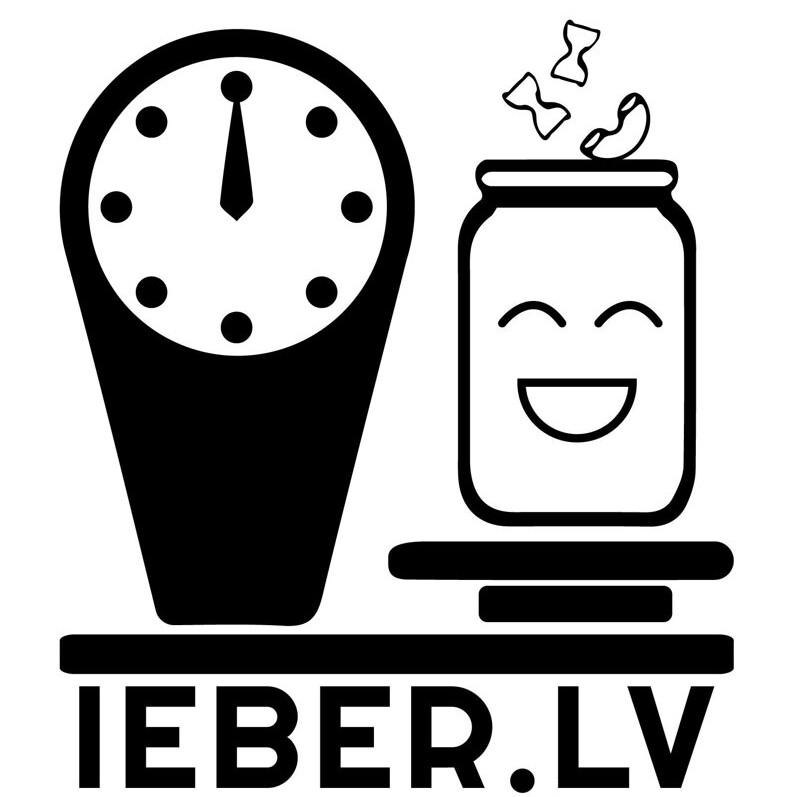 Melnbalts logo ar svariem un priecīgu burku, apakšā uzraksts"IEBER.LV".