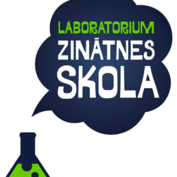 Zinātnes skolas Laboratorium logotips: uzņēmuma nosaukums tumšzilā mākonī, ārpus tā - ķīmijas kolbas trauks