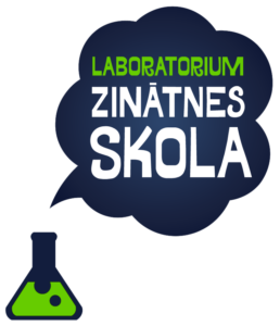 Zinātnes skolas Laboratorium logotips: uzņēmuma nosaukums tum&scaron;zilā mākonī, ārpus tā - ķīmijas kolbas trauks