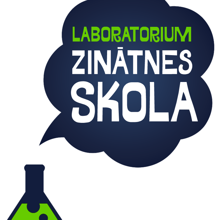 Zinātnes skolas Laboratorium logotips: uzņēmuma nosaukums tumšzilā mākonī, ārpus tā - ķīmijas kolbas trauks