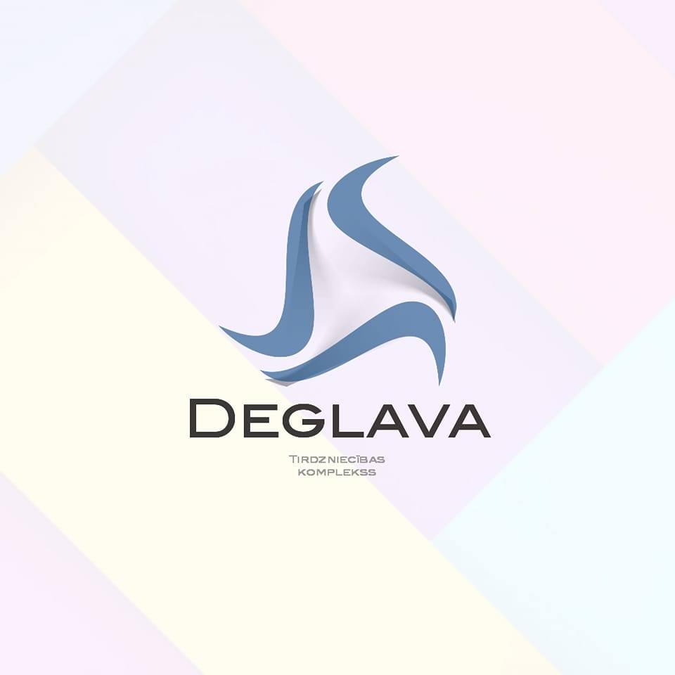 Stilizēts zilganpelēks logotips ar vārdu"DEGLAVA" uz daudzkrāsaina fona.