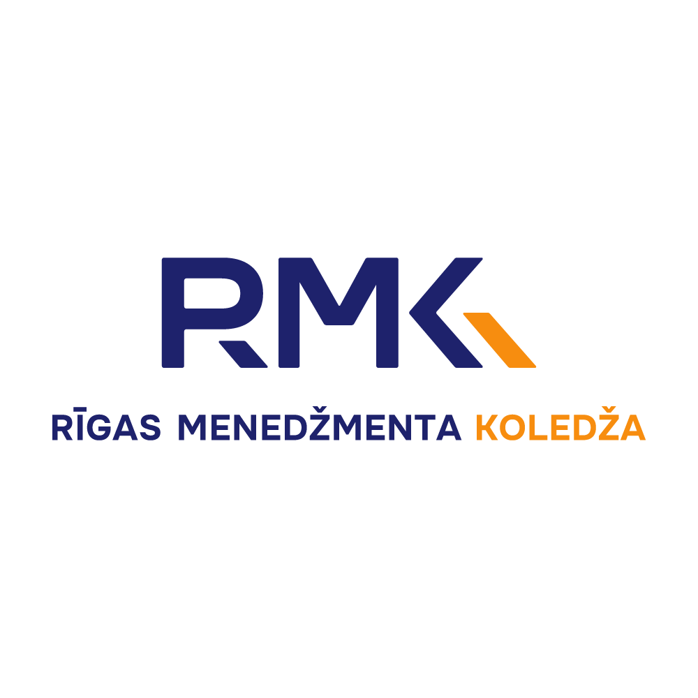 Tumši zils un oranžs logotips ar burtiem"RMK" un uzrakstu"Rīgas Menedžmenta koledža".