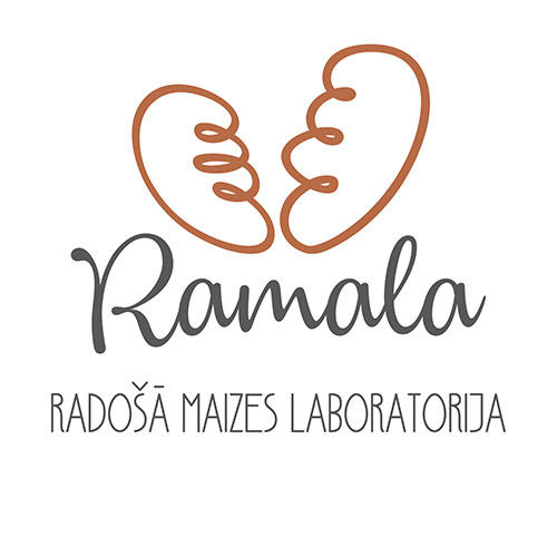 SIA"Ramala" logotips ar diviem stilizētiem klaipiņiem un tekstu"Radošā maizes laboratorija"