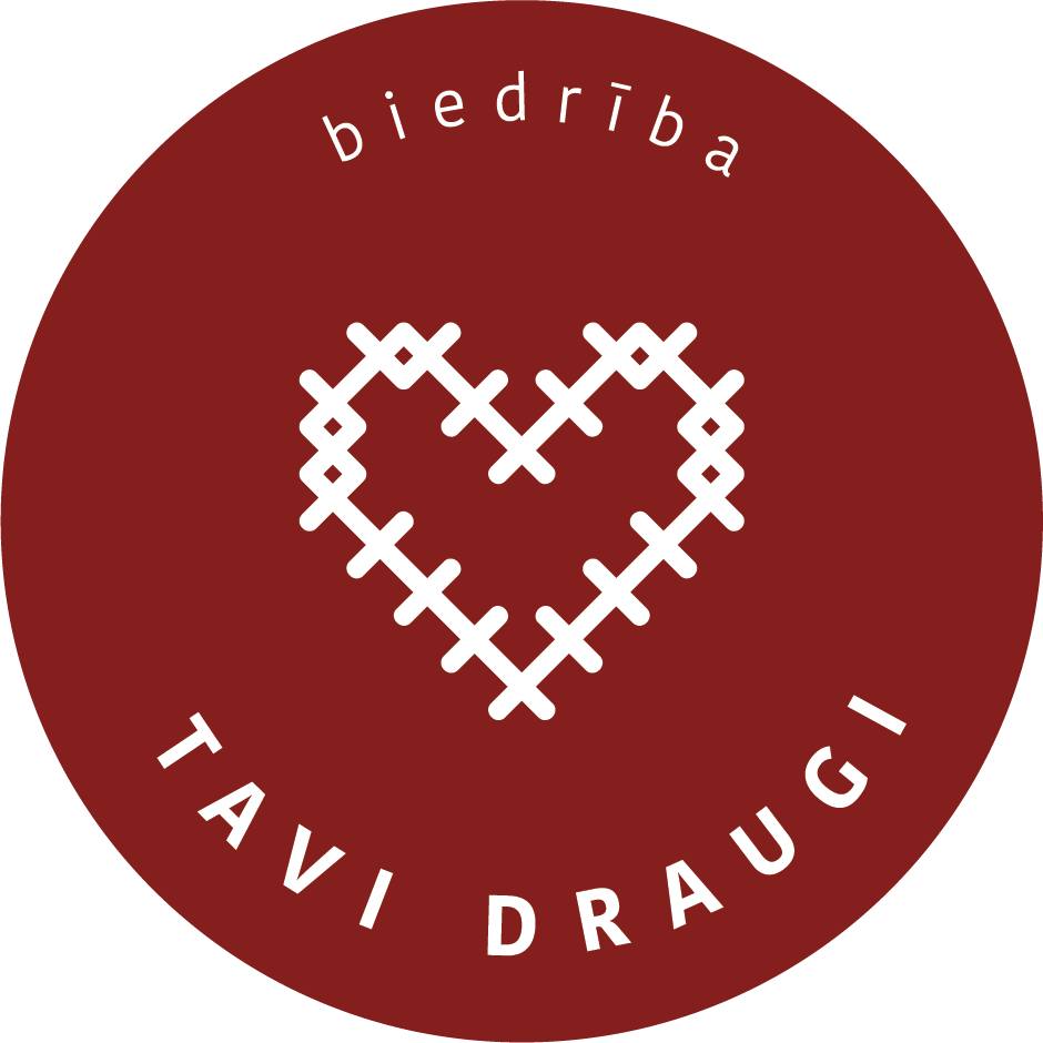 Sarkans aplis ar baltiem rakstiem — sirds forma un teksts"biedrība Tavi draugi".