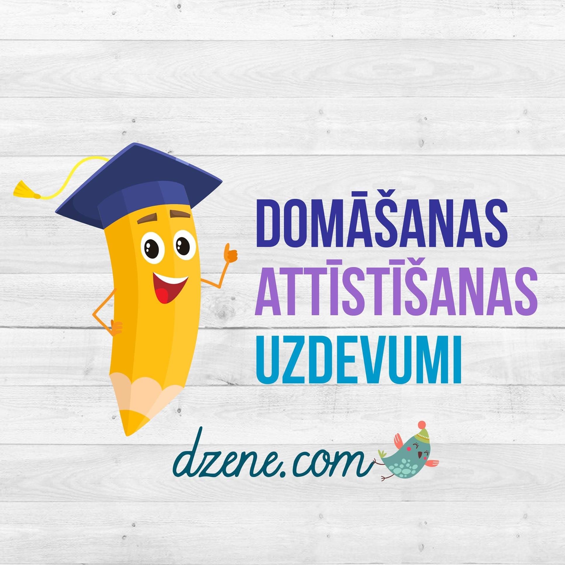 Uzņēmuma logo: Kreisajā pusē zīmulis ar smaidošu seju un absolventa cepuri,pa labi ir uzraksts - domāšanas attīstīšanas uzdevumi, dzene.com