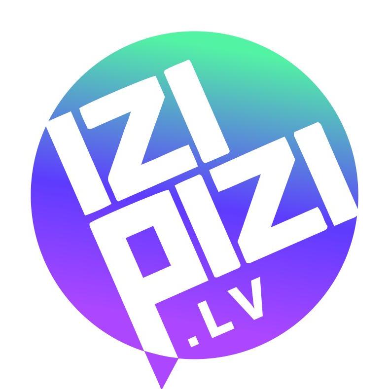Uzņēmuma IziPizi.lv logo: violeti zaļā burbulī ar baltiem burtiem ierakstīts izipizi.lv