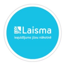 Uzņēmuma logo: zils aplis, kurā iekšā ar baltiem burtiem rakstīts Laisma ieguldījums jūsu nākotnē.