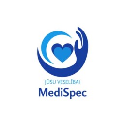 Medispec logo: zila sirds, kuru apvij pusmēness un roka. Apakšā uzraksts: jūsu veselībai. MediSpec