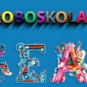 Uzņēmuma logo: ar krāsainiem burtiem uzraksts Roboskola. STEAM