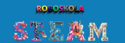 Uzņēmuma logo: ar krāsainiem burtiem uzraksts Roboskola. STEAM