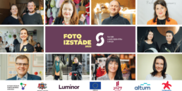 Vizuāls plakāts, kur 10 kvadrātos redzams katrs izst'des varonis, sociālais uzņēmējs. Pa vidu ir uzraksts: Foto izstāde 2025 Sociālā uzņēmējdarbība Latvijā