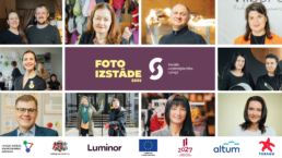 Vizuāls plakāts, kur 10 kvadrātos redzams katrs izst'des varonis, sociālais uzņēmējs. Pa vidu ir uzraksts: Foto izstāde 2025 Sociālā uzņēmējdarbība Latvijā
