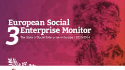 Plakāts sārtā krāsā ar uzrakstu: European Social Enterprise Monitor 3. The State of Social Enterprise in Europe 2023-2024