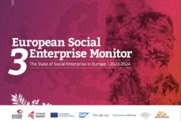 Plakāts sārtā krāsā ar uzrakstu: European Social Enterprise Monitor 3. The State of Social Enterprise in Europe 2023-2024