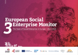 Plakāts sārtā krāsā ar uzrakstu: European Social Enterprise Monitor 3. The State of Social Enterprise in Europe 2023-2024