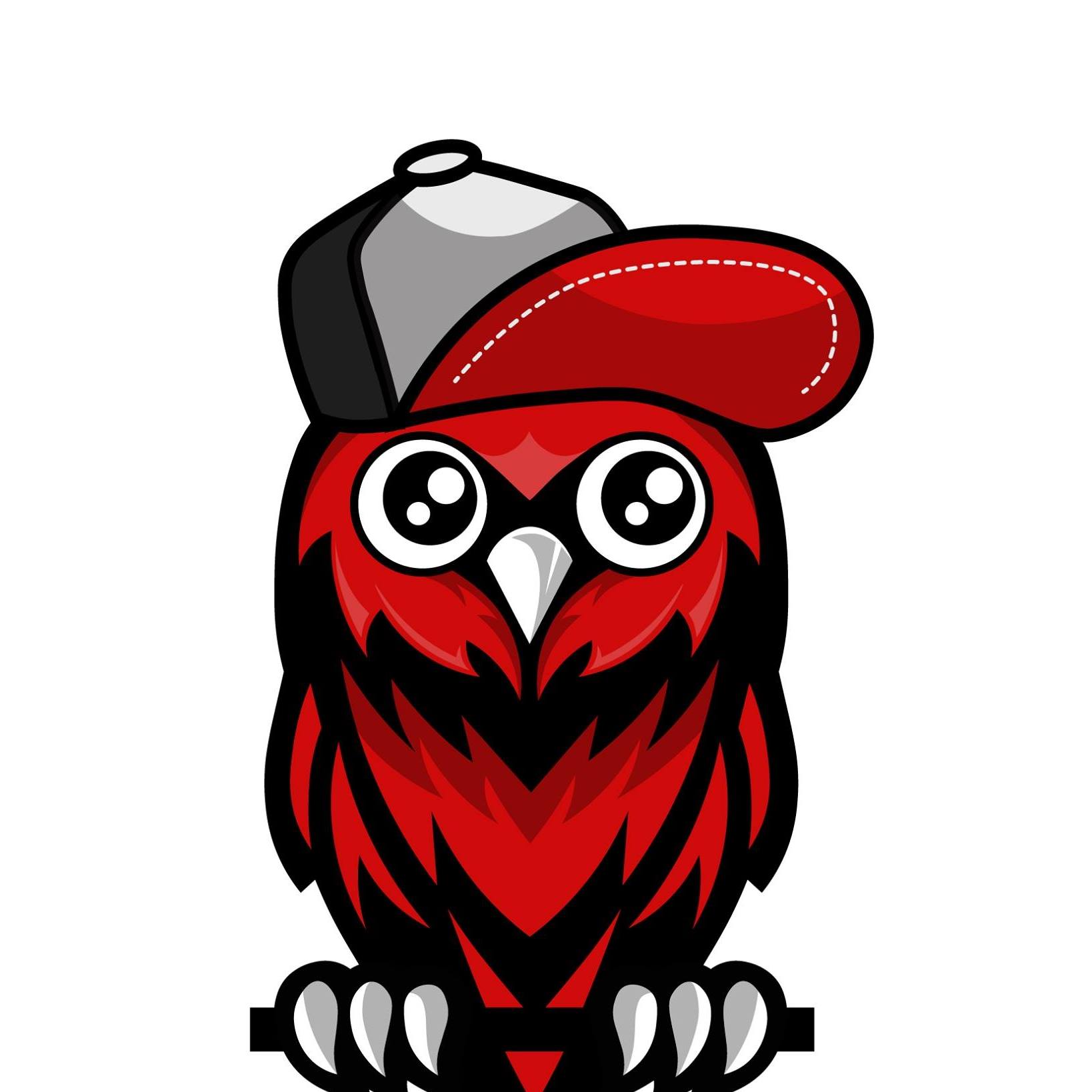 Sarkans, grafisks pūces zīmējums ar sportisku cepuri galvā