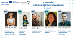 5 semināri sociālo uzņēmēju izaugsmei. Jelgavā. Vizuālī ir 5 portreta bildes - 4 sievie&scaron;u un 1 vīrie&scaron;u. Tie ir apmācību lektori.