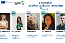 5 semināri sociālo uzņēmēju izaugsmei. Jelgavā. Vizuālī ir 5 portreta bildes - 4 sieviešu un 1 vīriešu. Tie ir apmācību lektori.